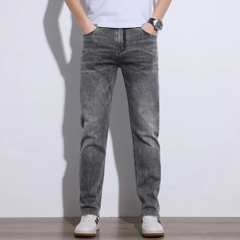 KSTUN 2025 Spring Summer Jeans For Men Slim Straight Gray Light Blue Stretch Jeans Regular Fit Denim Pants Mens Clothing Cowboys
