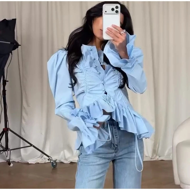 Elegant Chic Ruffle Hem Women's Shirt Flare Sleeve Single Breasted Drawstring Pleat Cropped Shirts 2026 Spring Summer Lady Top