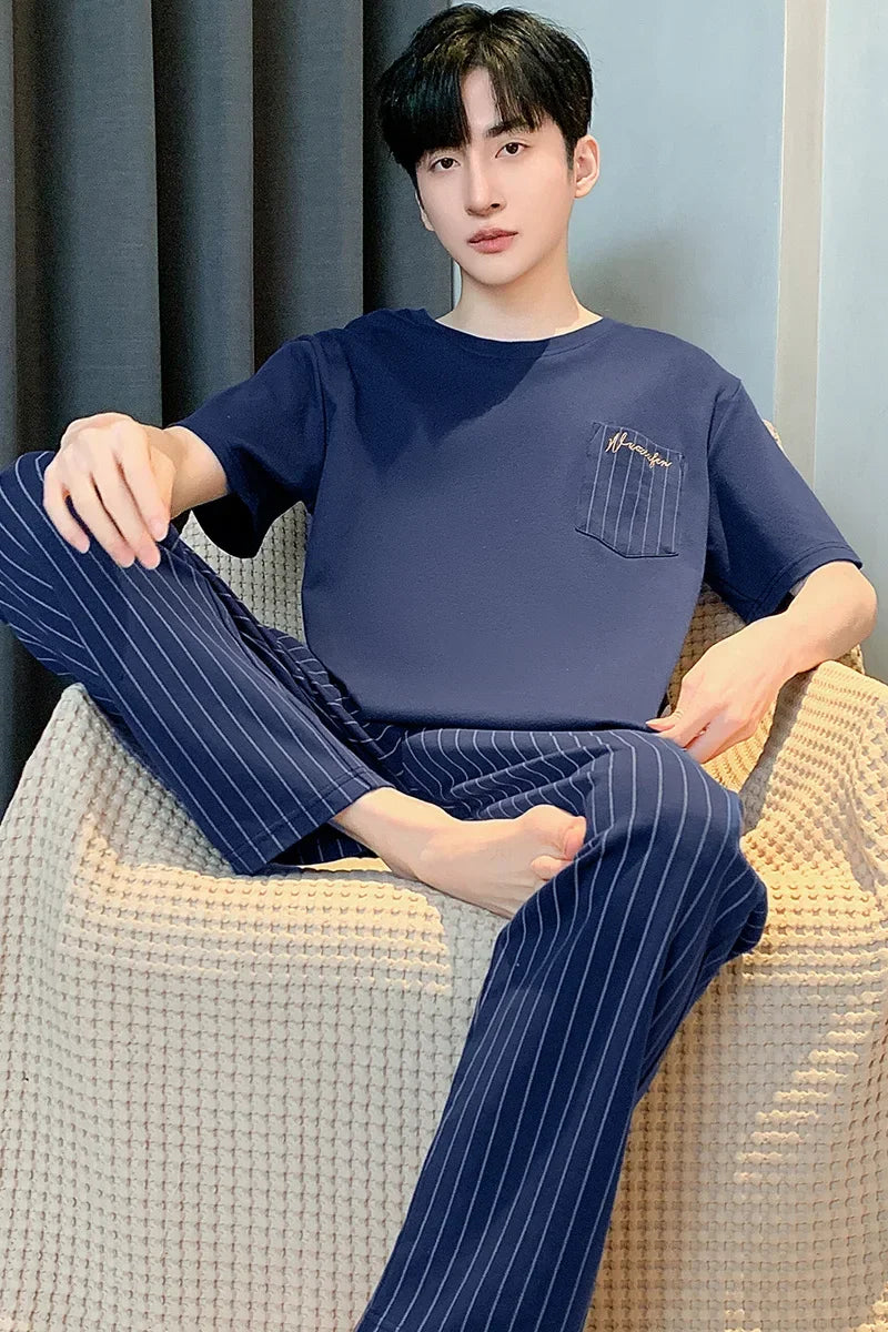 SUKAE Mens Plus Size L-5XL Homewear Summer Cotton Short Sleeve Full Pants Pajamas Set for Man Leisure Sleepwear Trendy Nightwear