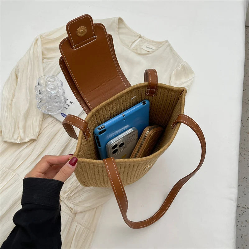 Large Capacity Beach Shopping Bag Luxury Design Woven Shoulder Bag Women Handmade Cotton Thread Woven Handbag Summer Travel Bag