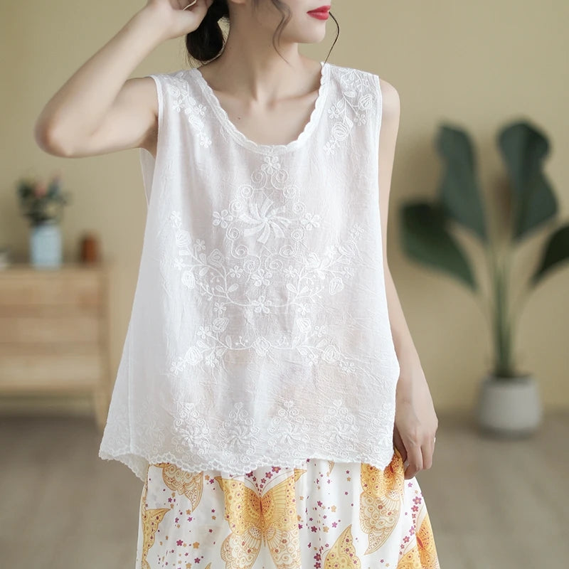 Loose Fit Embroidered Cotton Linen Svel Top Thin Sle Women's Tank Top Vest Brand New Goods Tailored for Summer