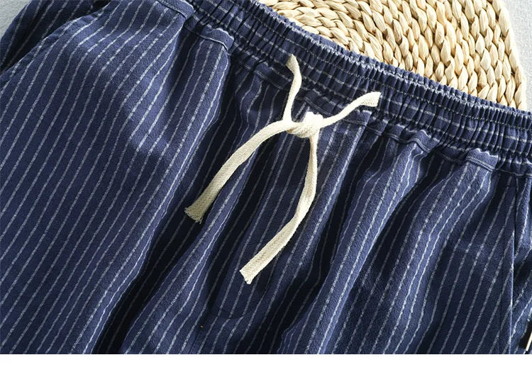Summer Cotton Beach Shorts Pants For Men Casual Breathable Comfortable Striped Loose Drawstring Cropped Youth Man Shorts Pants