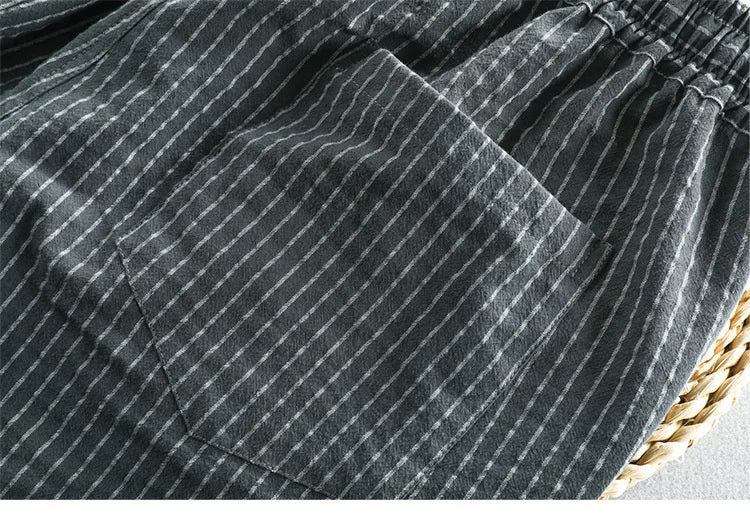 Summer Cotton Beach Shorts Pants For Men Casual Breathable Comfortable Striped Loose Drawstring Cropped Youth Man Shorts Pants