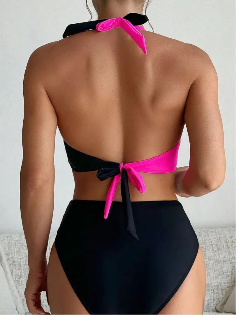New Sexy Backless Bikini Cross Strap Color Collision Swimwear Women Split Bikini Set Two Pieces Bathing Suit Beachwear Swimsuit