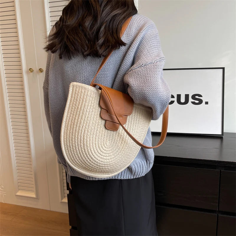 Large Capacity Beach Shopping Bag Luxury Design Woven Shoulder Bag Women Handmade Cotton Thread Woven Handbag Summer Travel Bag