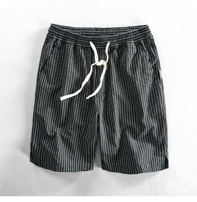 Summer Cotton Beach Shorts Pants For Men Casual Breathable Comfortable Striped Loose Drawstring Cropped Youth Man Shorts Pants