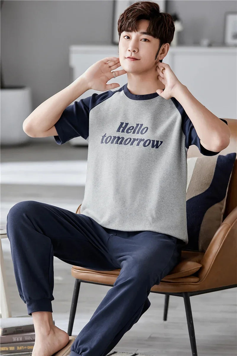 SUKAE Mens Plus Size L-5XL Homewear Summer Cotton Short Sleeve Full Pants Pajamas Set for Man Leisure Sleepwear Trendy Nightwear