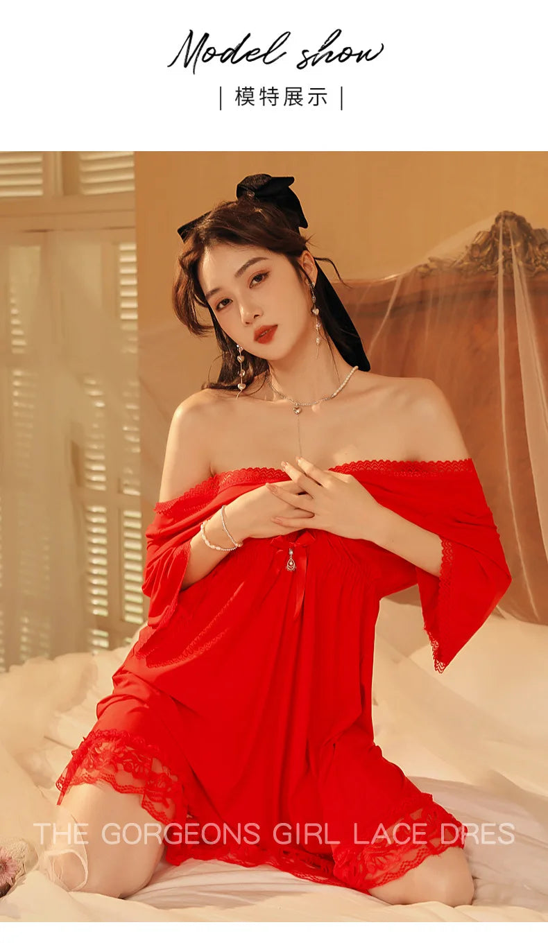 Fdfklak M-3XL Women’s Nightgowns Sexy Lace Deep V Neck Sleepshirt Mesh Short Sleeve Summer Nightdress Female Nightwear Dress