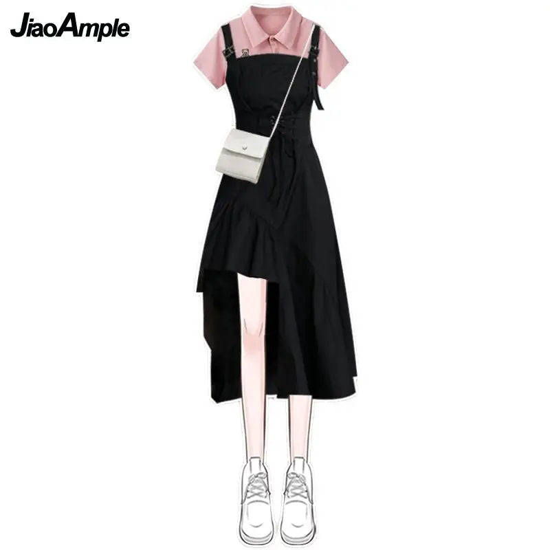 2025 Korean Elegant Summer New In Matching Set Women Fashion Short Sleeved T-shirt+Strap Dress Two Piece Female Chic Skirt Suit
