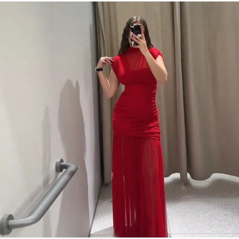 Sexy Red Pleated Mesh Long Dress Red See Through Patchwork Sleeveless A-line Party Dresses Female 2025 Summer Slim Robes Lady