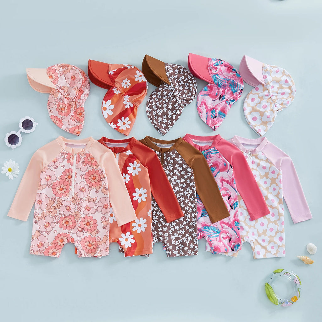 Citgeett Summer Kids Toddler Girl Long Sleeve Swimsuit Floral Flamingo Print Half Zipper Swimwear Romper Clothes