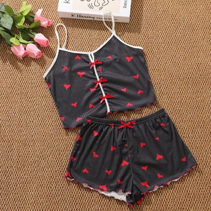 Women's Summer Spaghetti Strap Top and Shorts Pajama Sets Ladies Cherry Heart Print Sleepwear Cute Bowknot Sexy Loungewear S-XL