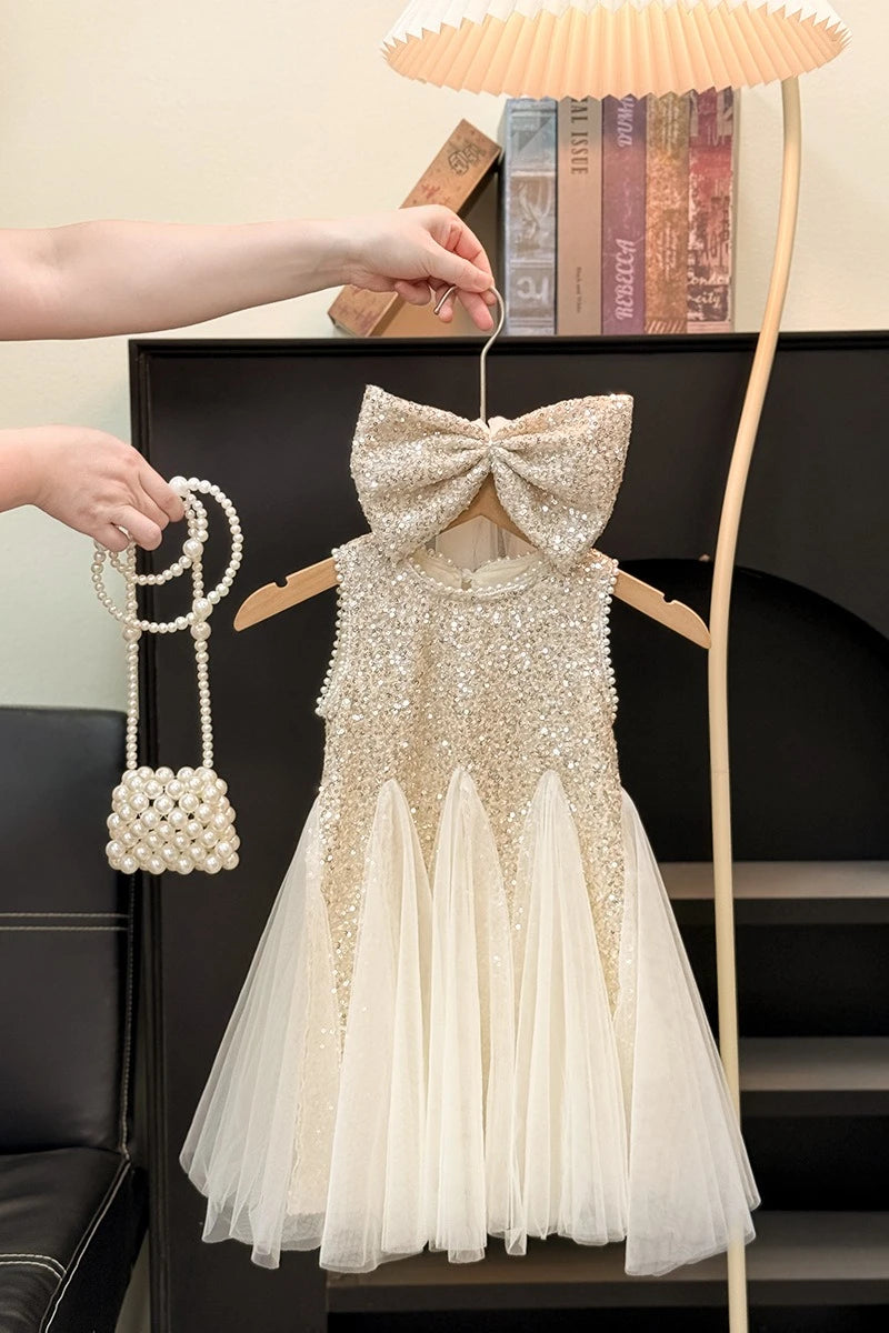 Girls Elegant Sequined Horn Skirt New Kid Party Dresses Baby Fashion Mesh Round Collar Sleeveless Skirt Western-style Vest Dress
