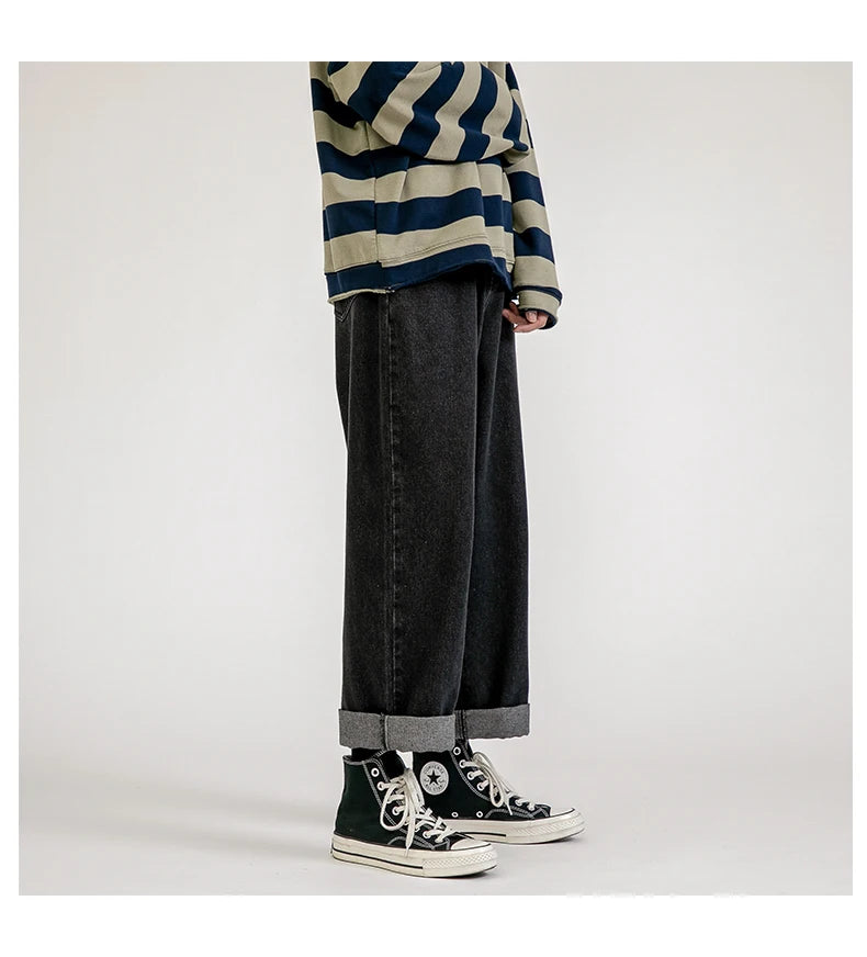 2023 New Korean Fashion Men's Baggy Jeans Classic Unisex Man Straight Denim Wide-leg Pants Hip Hop Bagy Light Blue Grey Black