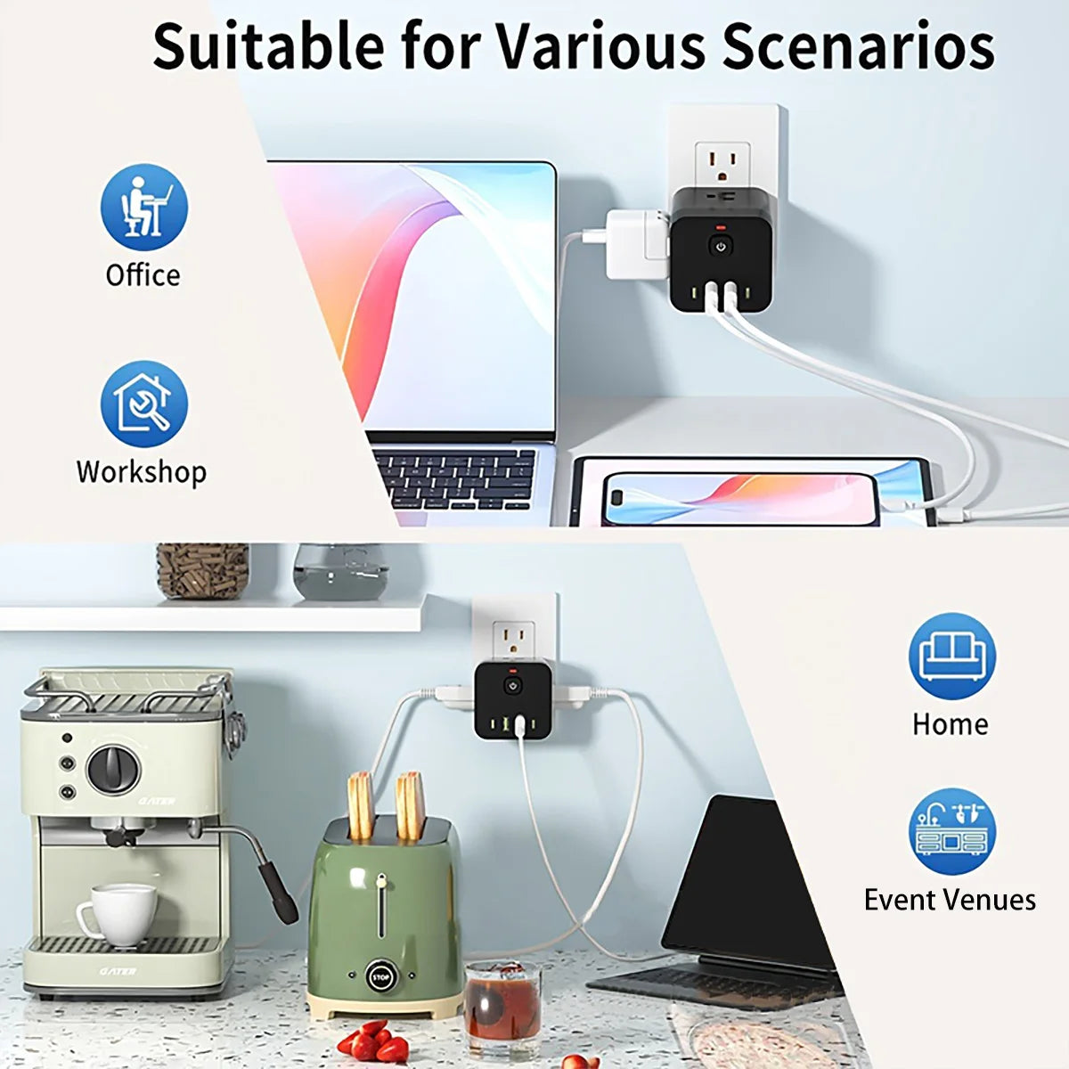8-in-1 Power Strip US Electrical Plug Socket Extension Cord 4AC Outlets 2USB 2PD Type C Ports Charger Adapter for Home Office