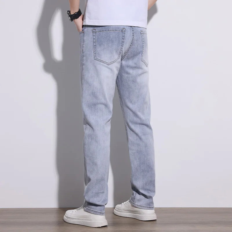 KSTUN 2025 Spring Summer Jeans For Men Slim Straight Gray Light Blue Stretch Jeans Regular Fit Denim Pants Mens Clothing Cowboys