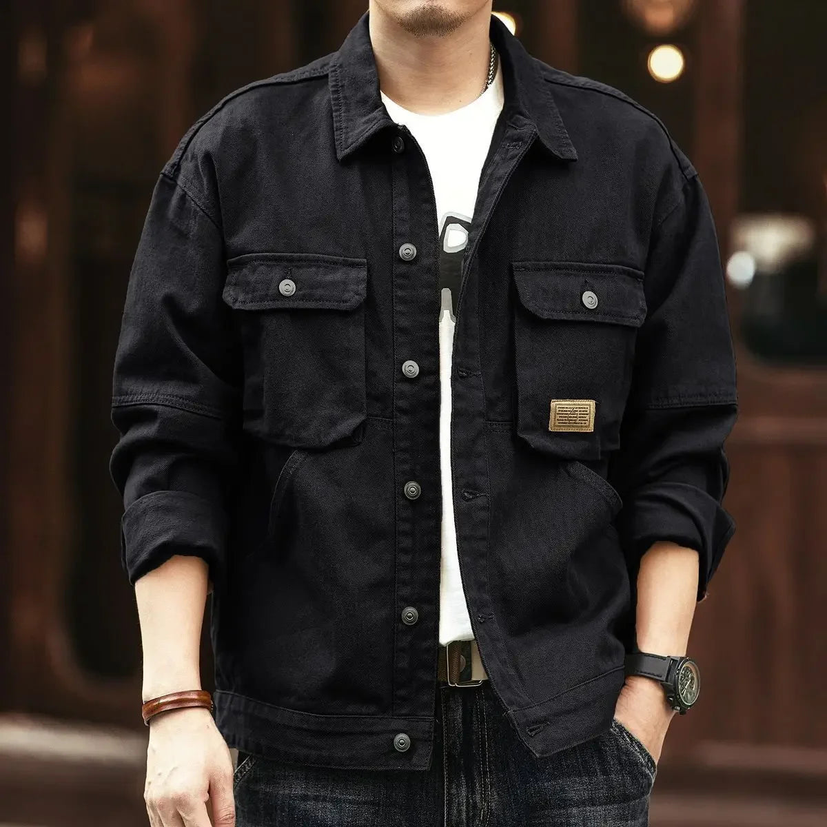 Cargo Oversize Cowboy Coat for Men Brown Cotton Denim Jackets Man Joker of Fabric Korea Japanese Retro Outwear Size L Lxury Worn