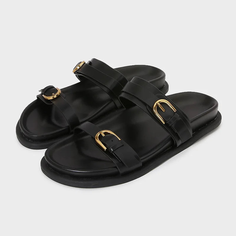 Metal Buckle Soft Leather Women Roman Shoes Thick Bottom Women Summer Slippers Leisure Comfort Non-slip Women Beach Flat Sandals