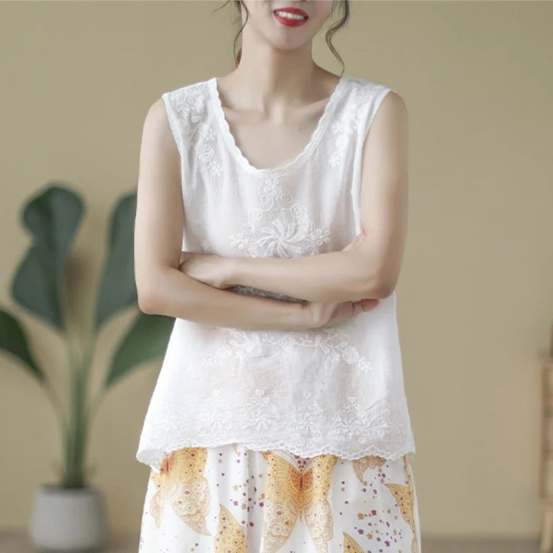 Loose Fit Embroidered Cotton Linen Svel Top Thin Sle Women's Tank Top Vest Brand New Goods Tailored for Summer