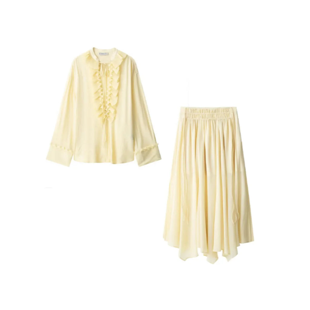HH Women Summer Fashion Tierred Decoration Skirt Suit V-Neck Long Sleeves Lace-Up Shirts+Side Zipper Circular Chiffon Skirt