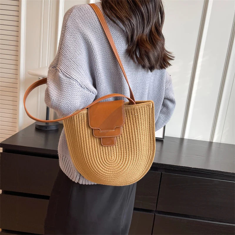 Large Capacity Beach Shopping Bag Luxury Design Woven Shoulder Bag Women Handmade Cotton Thread Woven Handbag Summer Travel Bag