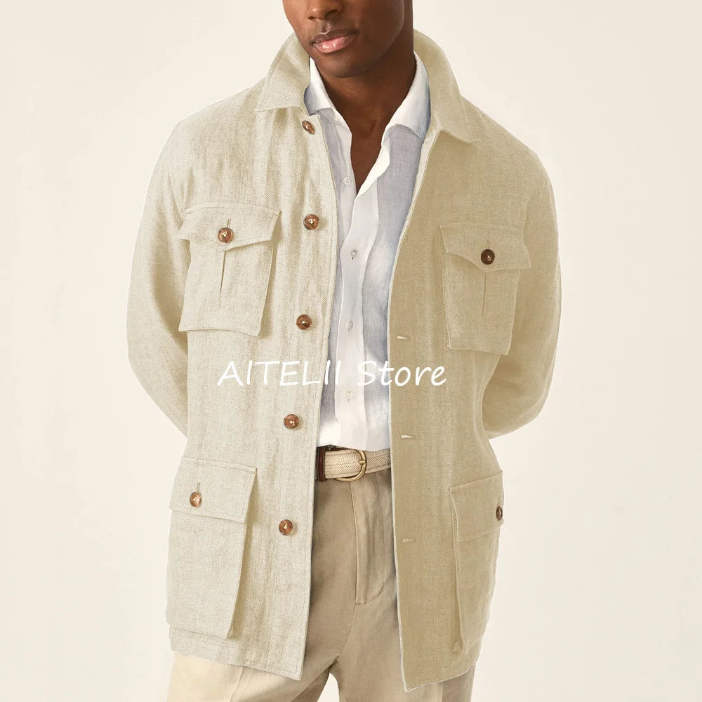 Suit Jackets Linen Elegant Sack of Man Men's Jacket Blazers for Man Lapel Suits Single-breasted Casual Clothes Four Pockets