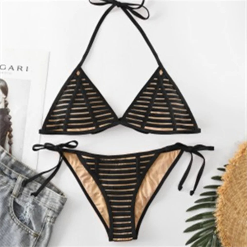 Black Sexy Micro Bikini Triangle Swimsuit Punk Swimwear Halter String Women Trend Two Piece Beach Thong Bathing Suit Bikinis Set