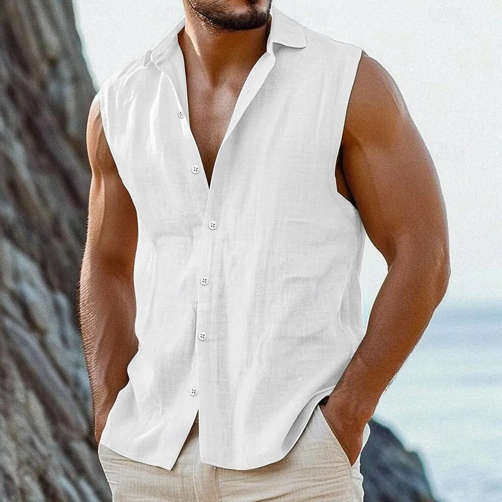 Summer Sleeveless Casual Shirts Men Lightweight Breathable Sports Turn Down Collar Shirt Male Solid Sports Loose Beach Tops Man