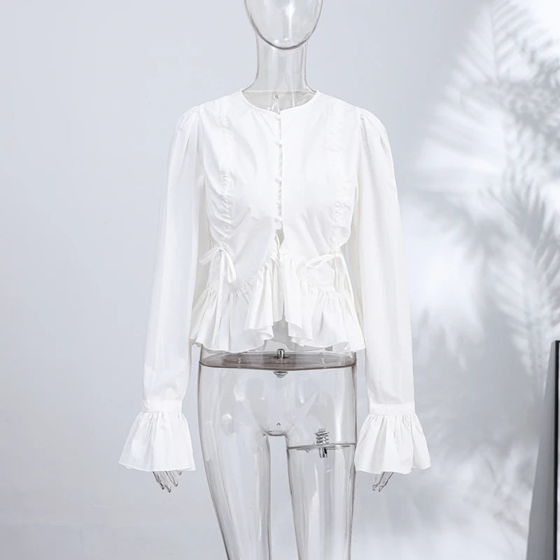 Elegant Chic Ruffle Hem Women's Shirt Flare Sleeve Single Breasted Drawstring Pleat Cropped Shirts 2026 Spring Summer Lady Top