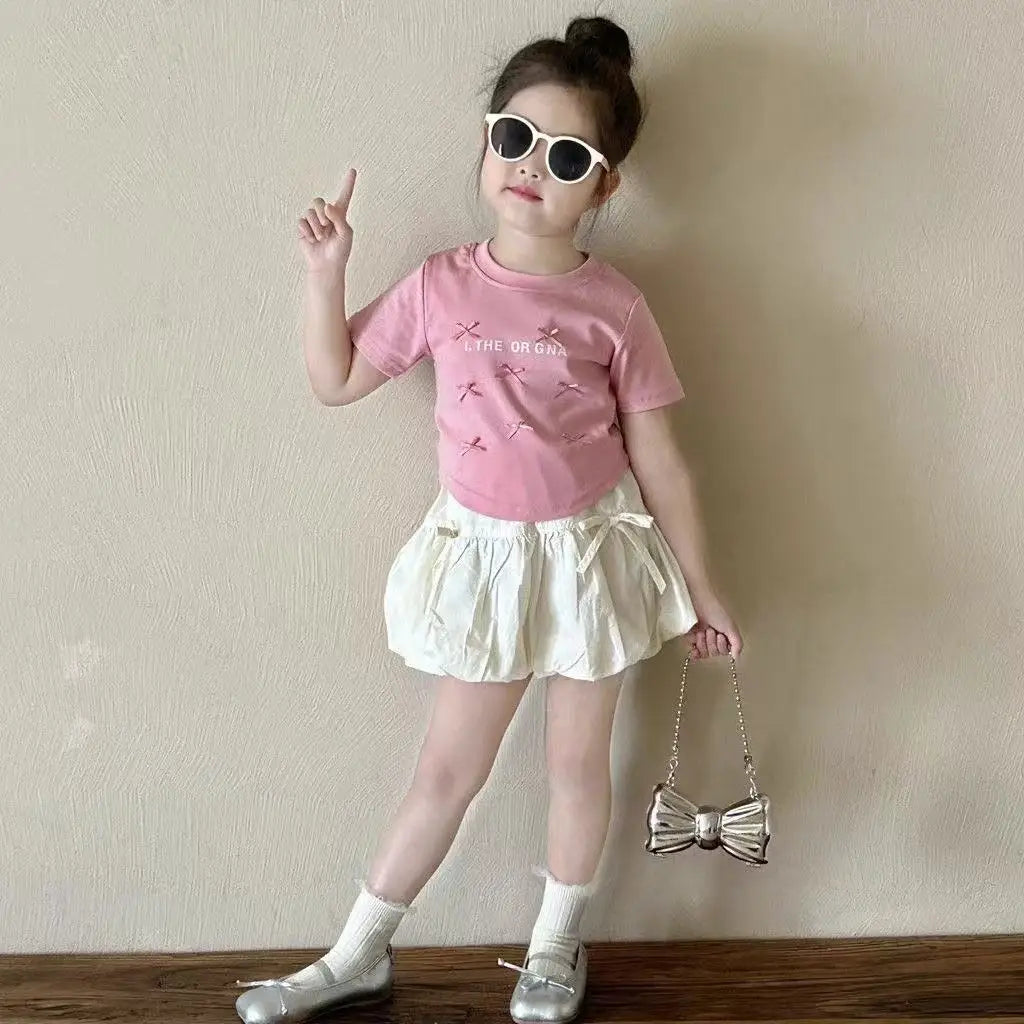 Girl's Sweet 2Pcs Set Summer Children Infants Kids Baby Ballet Princess Bow Top T-shirt+Flower Bud Skirt Suits