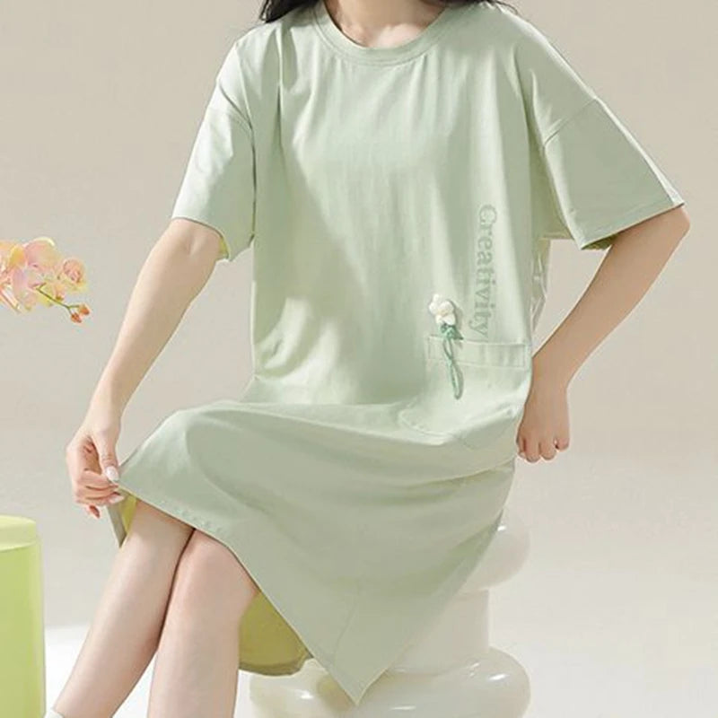 100% COTTON! SUKAE Summer New Women Lovely Sleepshirt Fashion Nightgowns Leisure Dress Casual Nightdress Short Sleeves Nightgown