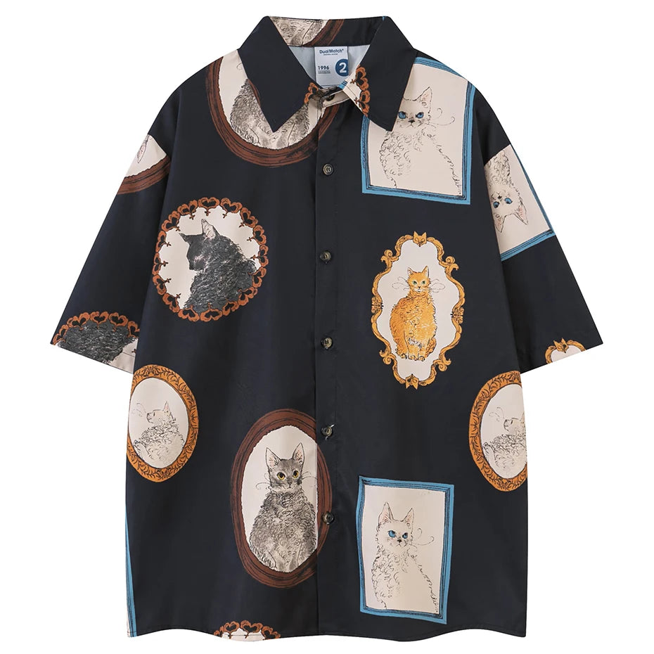 Cat Graphic Shirts Men's 2026 Summer Loose Short Sleeve Shirts Button Up Blouse Oversized Streetwear Fashion Shirts Man