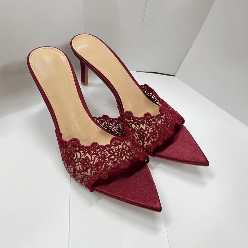 New Summer Women's High Heel Sandals Lace Embroidery Pointed Open Toe Stiletto High Heel Sandals Party Slippers