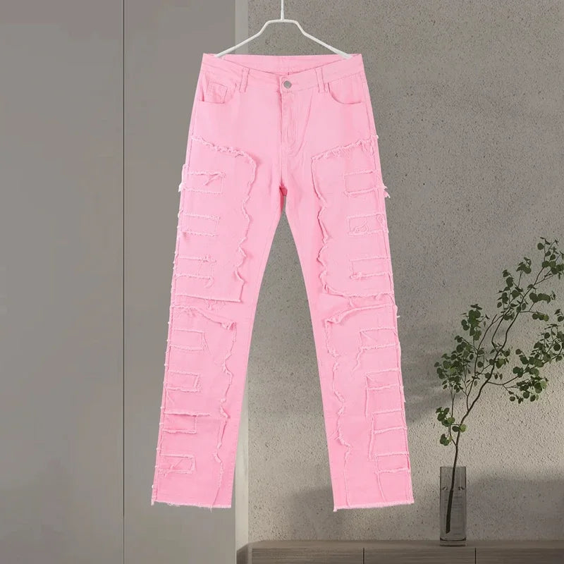 Men Jeans Ripped Vintage Tassel Wash Old Slim Stacked Patch Hip Hop Pencil Denim Man Pants 2026 Streetwear Male Long Trousers