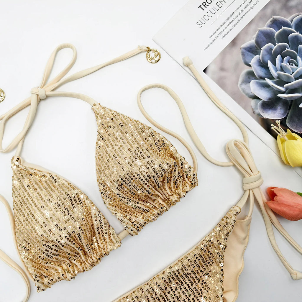 Circyy Sequins Bikini Set  Women Neck-mounted Lace Up Fashion Bathing Suit Two-piece Holiday Sexy Split Swimsuit Summer 2026 New