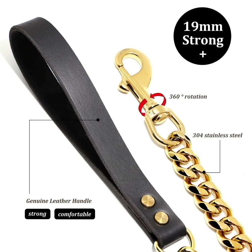 Stainless Steel Dog Leash Pet  Lead Traction  Super Strong Gold Collar Chain 32mm 19mm Bulldog Pitbull Large Dog Collar Leash