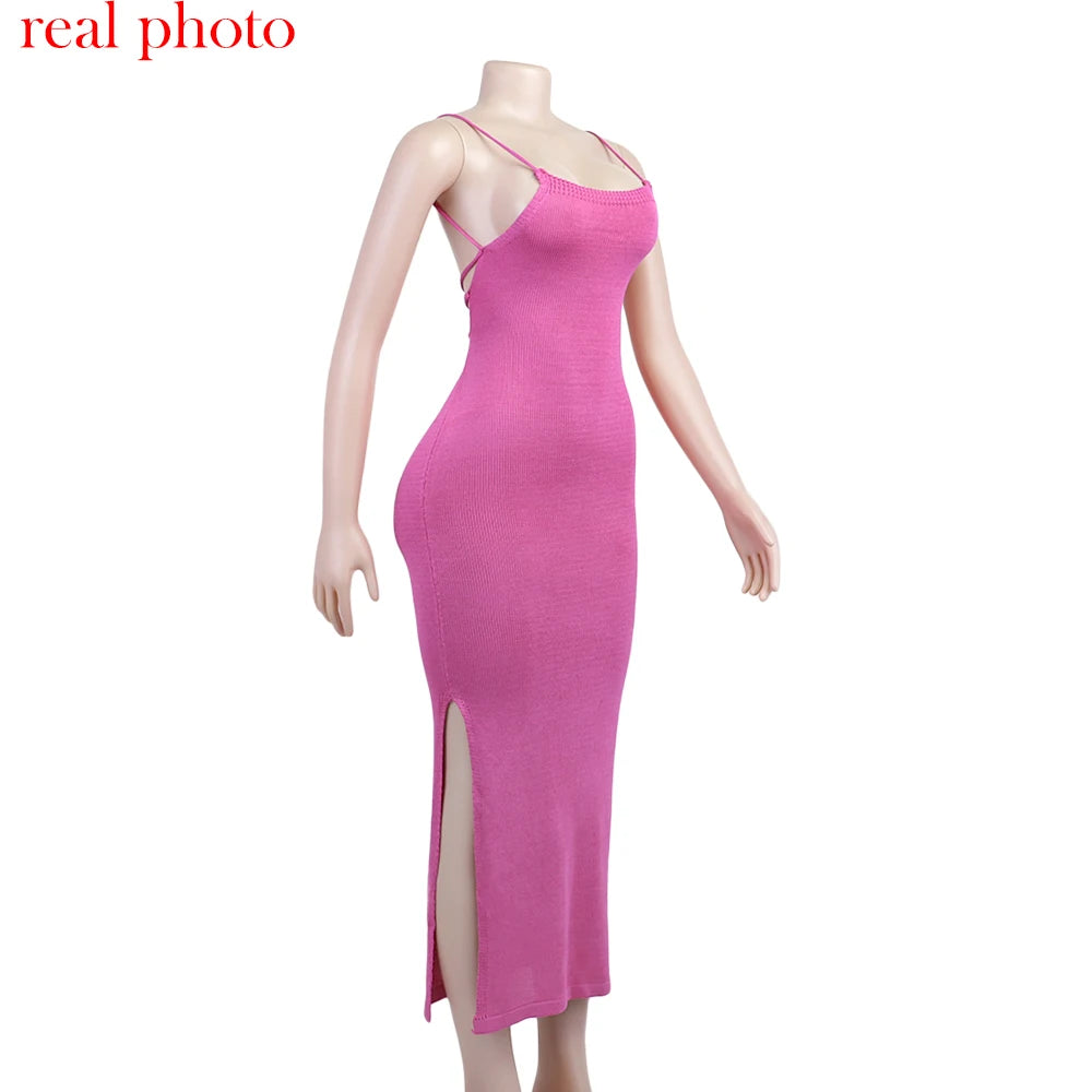 Cryptographic Sexy Backless Bandage Knitted Dress Elegant Outfits for Women Sleeveless Club Party Birthday Slip Dresses Clothes
