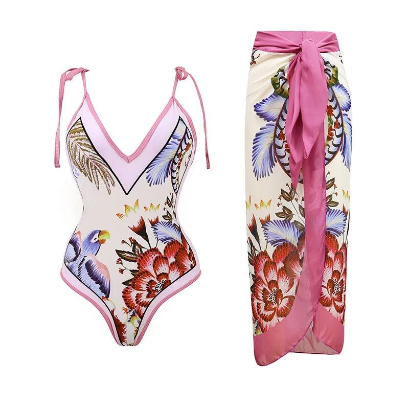 2025 Sexy Bikini Set Deep V Neck Retro Printed Women Swimwear Push Up Bikinis Swimsuit Skirt Female Biquini Dress Bathing Suit