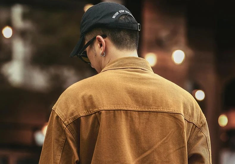 Cargo Oversize Cowboy Coat for Men Brown Cotton Denim Jackets Man Joker of Fabric Korea Japanese Retro Outwear Size L Lxury Worn