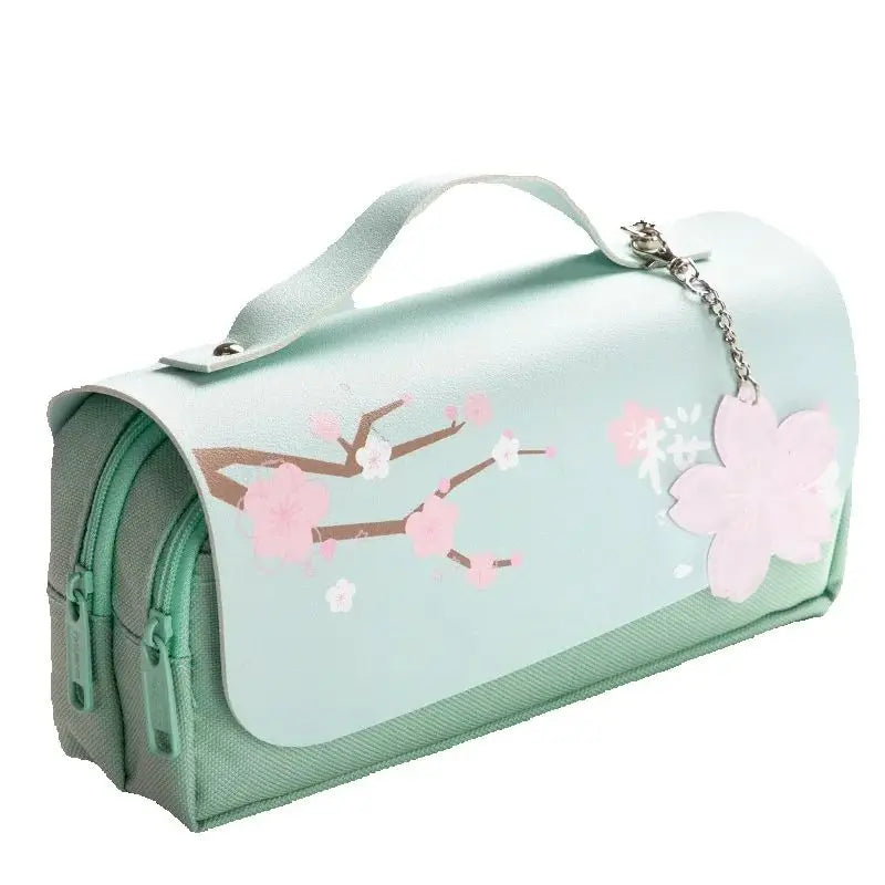 Sakura Pencil Bag PU Leather Pen Case Candy Color Japan Stationery Box Green Pink Organizer School Supplies Gift Ruler Pouch Hol