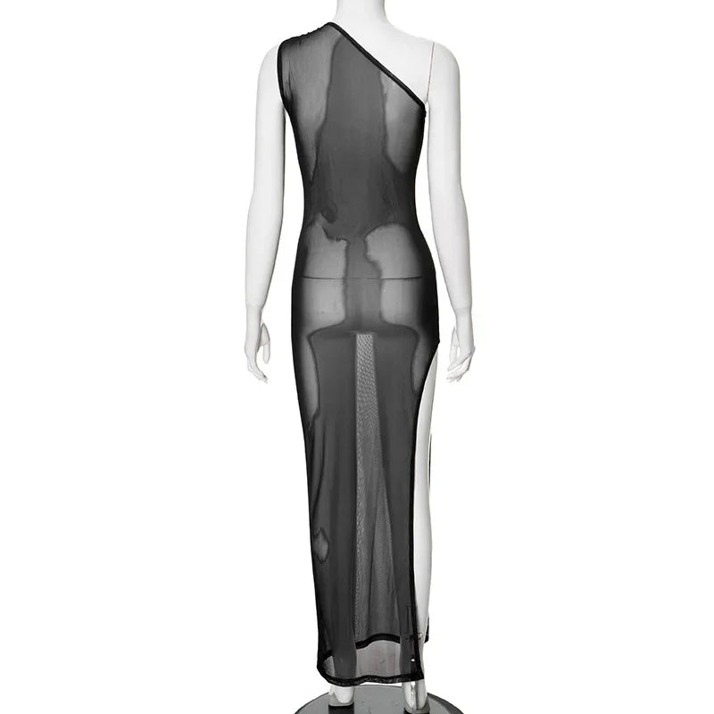 Mesh See Through Y2K Print Bodycon Sexy Party Club Maxi Split Dress Women Summer One Shoulder Backless Beach Long Dresses Outfit
