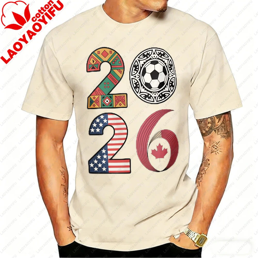 2026 USA Canada Mexico Soccer T-Shirt Cotton Shirt Tribal & Flag Graphic Tee, Ideal Gift for North American Football Enthusiasts