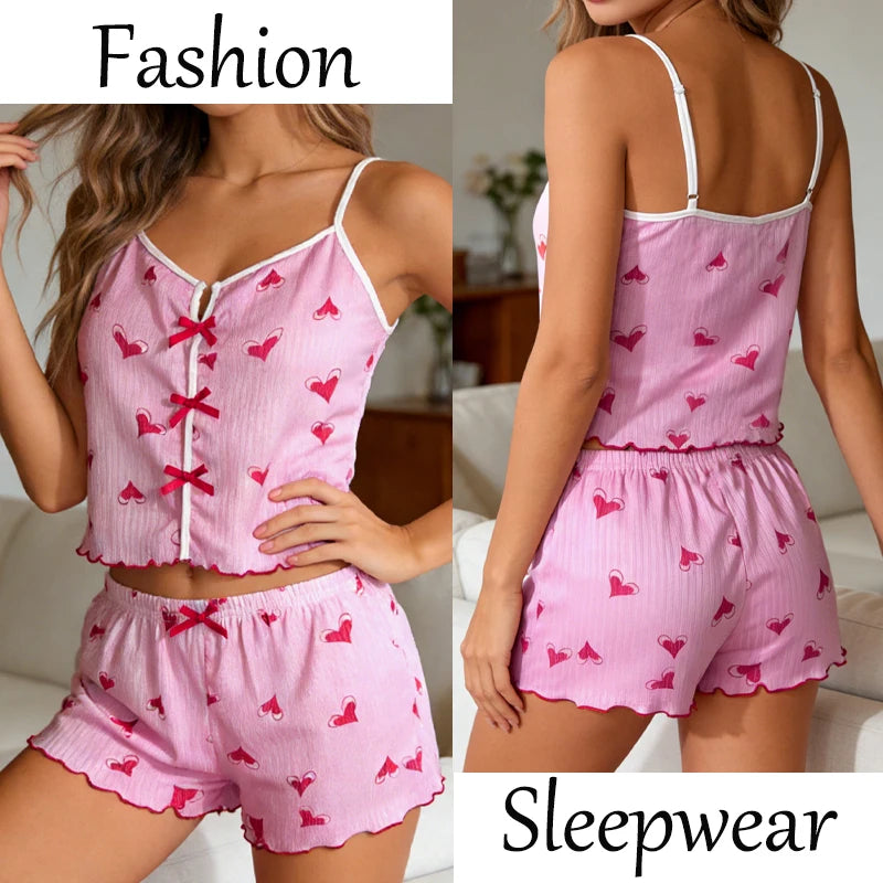 Women's Summer Spaghetti Strap Top and Shorts Pajama Sets Ladies Cherry Heart Print Sleepwear Cute Bowknot Sexy Loungewear S-XL