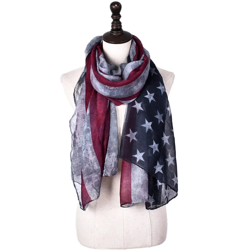 2024 Foreign Trade Retro Star Stripes Scarf Ladies Positioning American Flag Printing Bali Yarn Scarf Wholesale