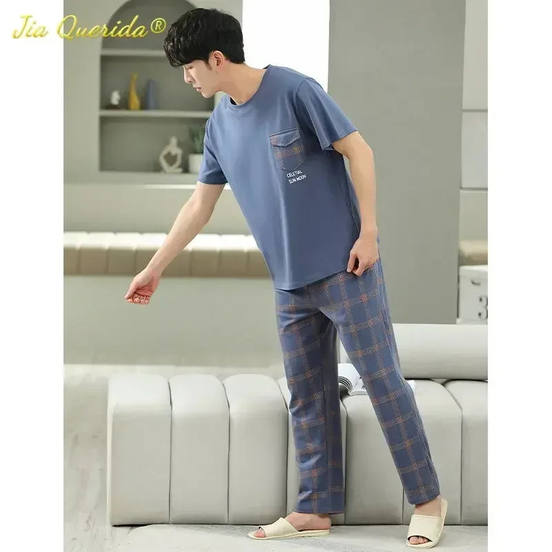 SUKAE Mens Plus Size L-5XL Homewear Summer Cotton Short Sleeve Full Pants Pajamas Set for Man Leisure Sleepwear Trendy Nightwear