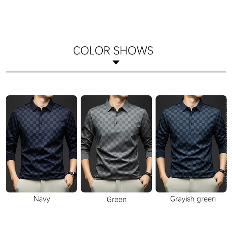 BROWON Polo Shirts for Man Autumn Business Slim Fit Long Sleeve T Shirt Men 2026 New Casual Loose Pullover Plaid Men Tops & Tees