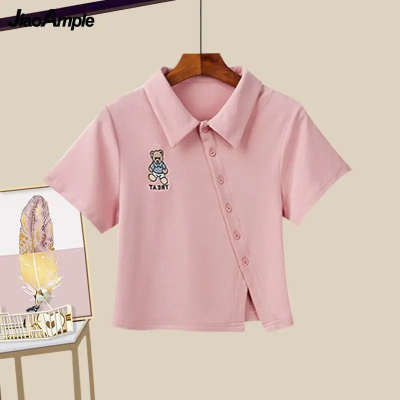 2025 Korean Elegant Summer New In Matching Set Women Fashion Short Sleeved T-shirt+Strap Dress Two Piece Female Chic Skirt Suit