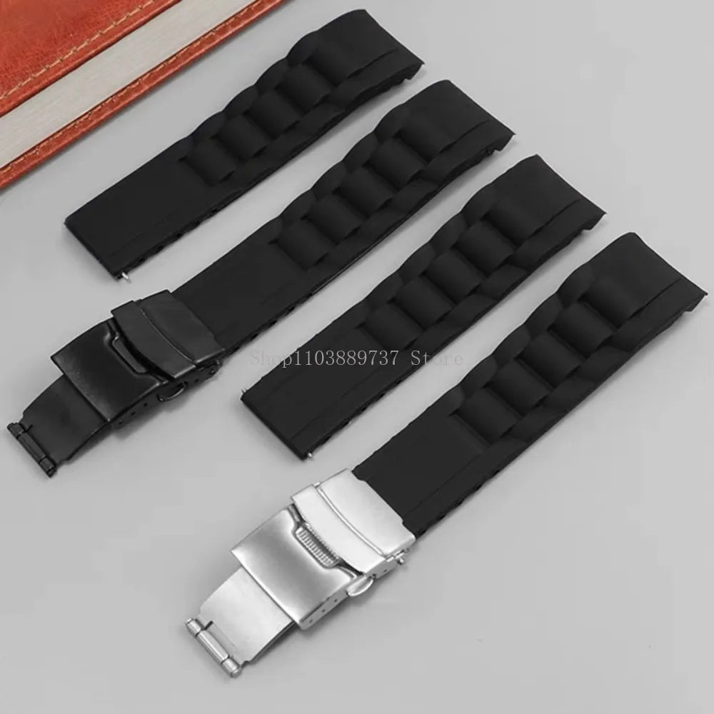 Silicone WatchBand 16mm 18mm 20mm 22mm 24mm 26mm Curved End Strap Folding Buckle Sport Bracelets Men Women Replacement Wristband