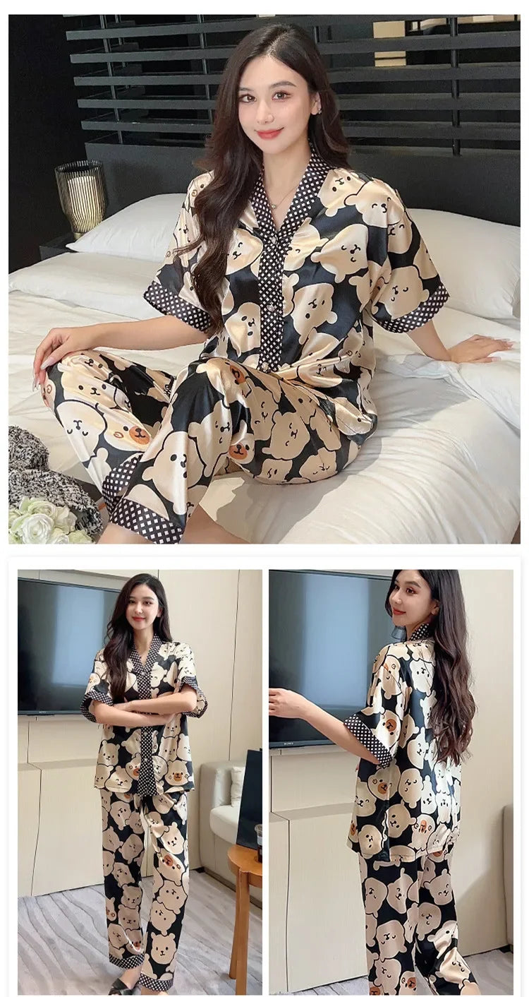 Ice Silk Pajamas Women Summer Short Sleeve Trousers Cartoon Bear Pajamas Cardigan Green Letter Sleepwear Homewear Set Kimono