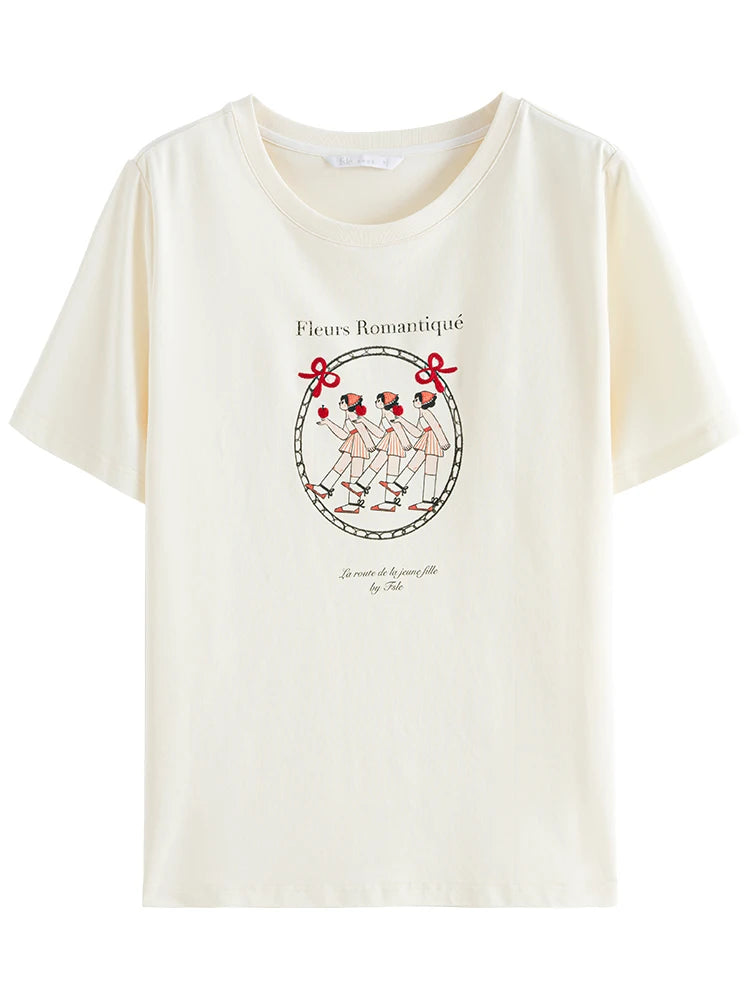 FSLE Summer Versatile Casual Commuting Printed Pattern Women T-Shirt 2024 Summer New Short Sleeve Female Top 24FS12274 24FS12348